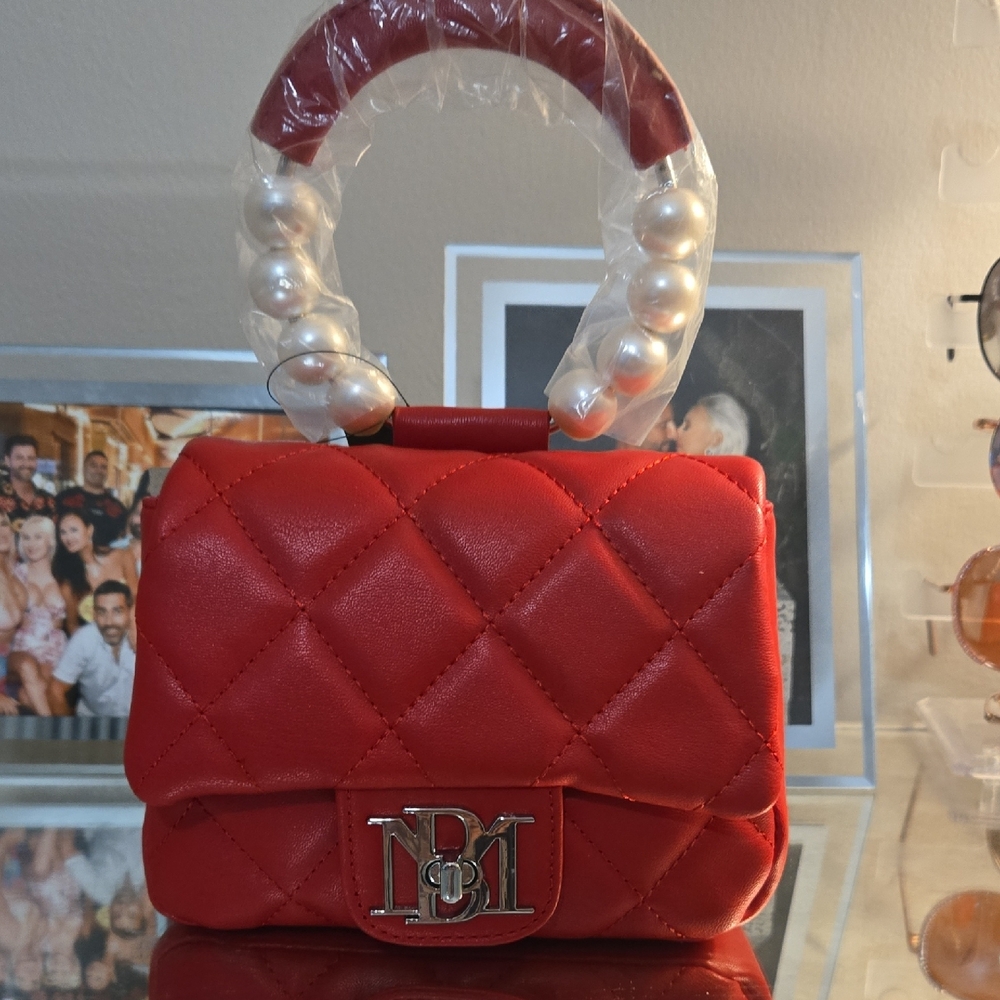 Badgley Mischka Red Quilted Mini Bag with Glossy Finish